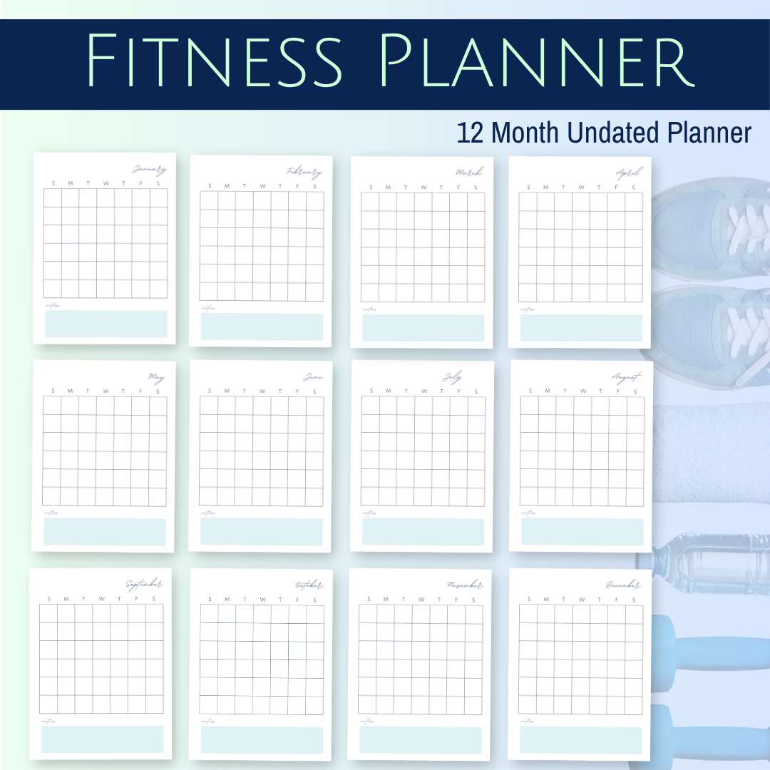 Fitness Planner (blue-green design) 12 month undated calendar