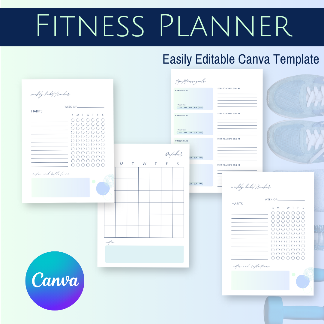 Fitness Planner (blue-green design) editable Canva template
