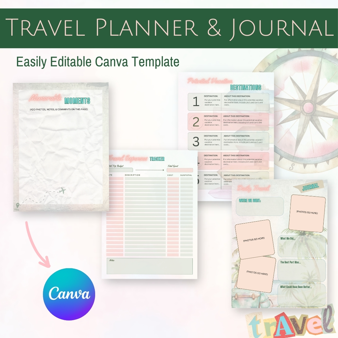 Travel Planner and Journal Planner Editable Canva Template (tropical)