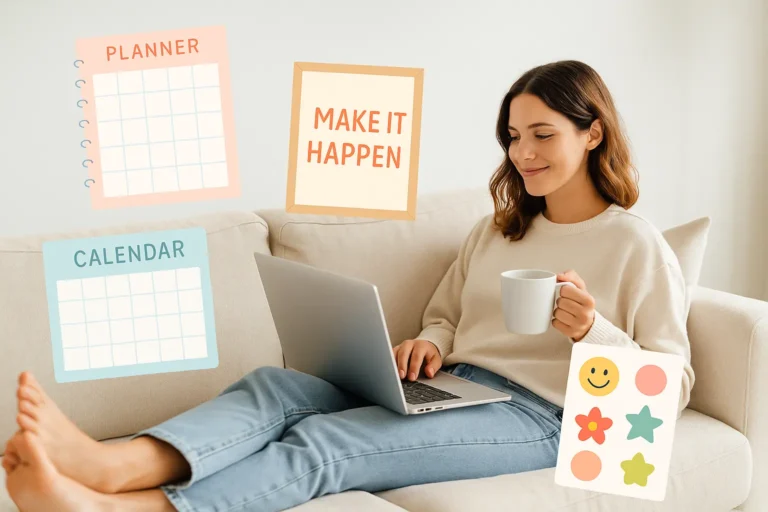 A relaxed woman sitting on a beige couch with a laptop and coffee mug, surrounded by floating icons of printables including a planner, calendar, wall art, and stickers, representing selling printables online for passive income.